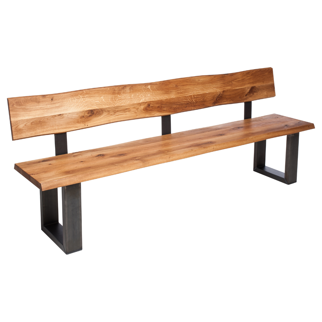 Fargo Oiled Oak Bench with Back (A) - Industrial Steel (Lacquered)