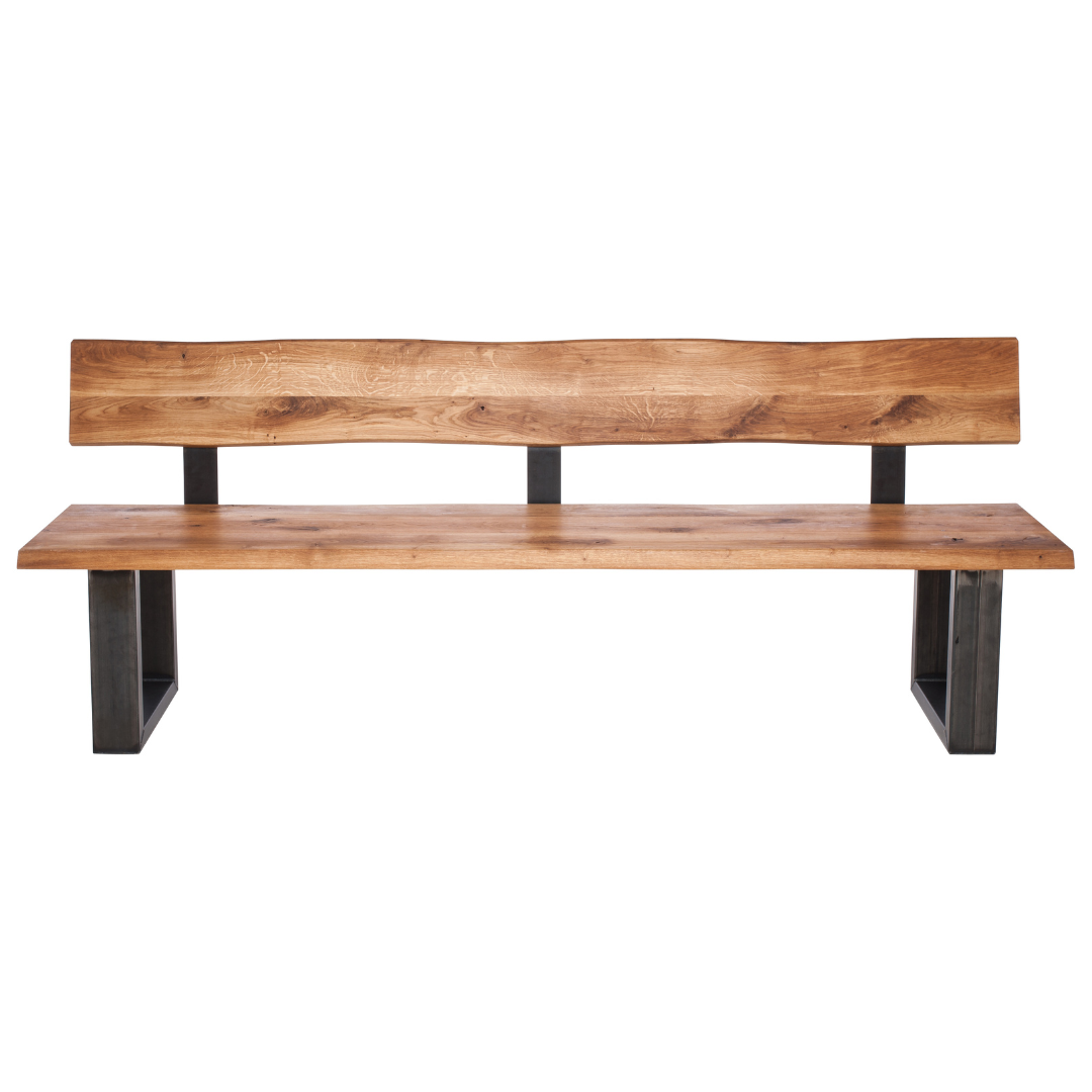Fargo Oiled Oak Bench with Back (A) - Industrial Steel (Lacquered)