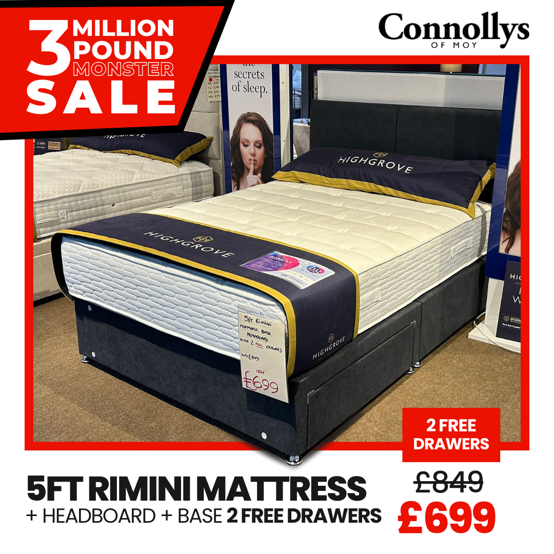 5ft Rimini Mattress, Headboard & Base + 2 FREE Drawers